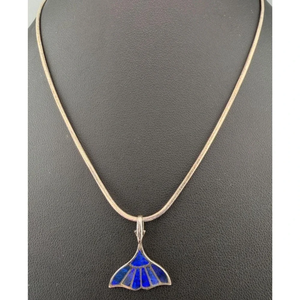 Vintage Whale Tail Charm Pendant Necklace Iridescent Opalescent Shimmer 925 16